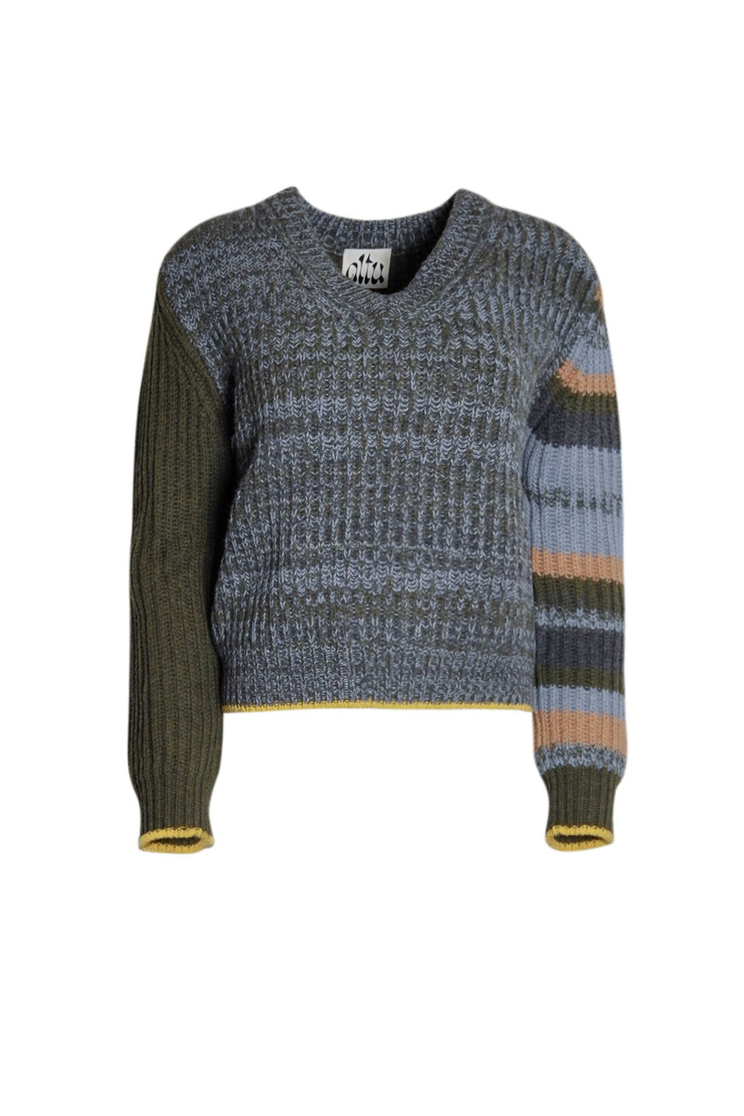 Altuzarra_Mixed Stripe V Neck Sweater-Camo Green
